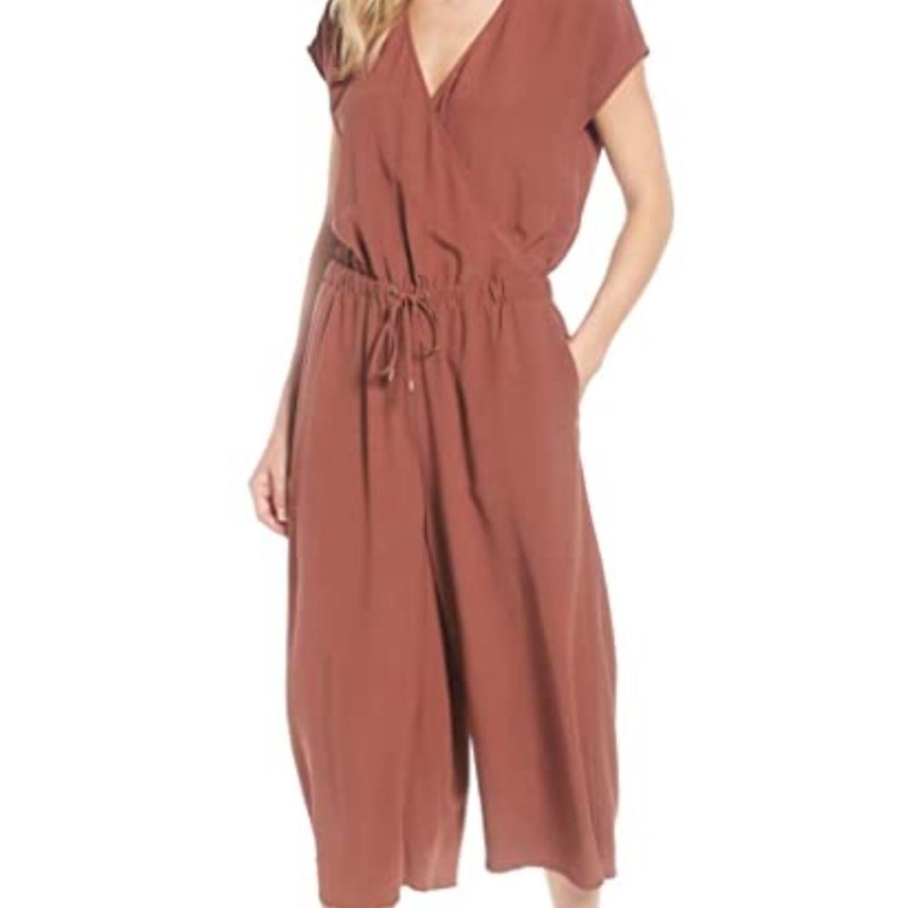 Eileen Fisher wide leg cropped jumpsuit draw string waist sz sm/p color russet